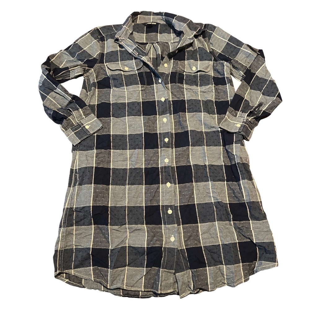 Lands' End Women's Cotton Plaid Blue Shirt Dress Long Sleeve Size Medium P‎